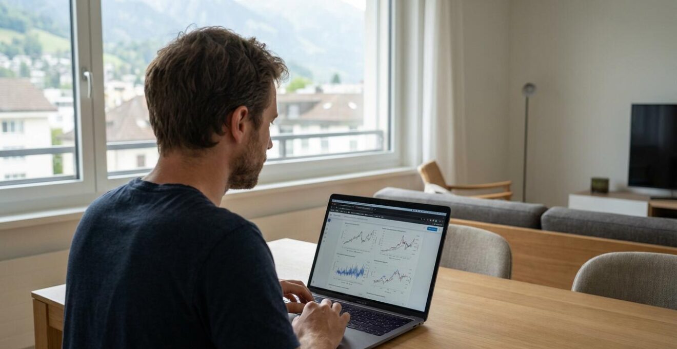 Utilisateur consultant une estimation immobilière sur ordinateur en Suisse