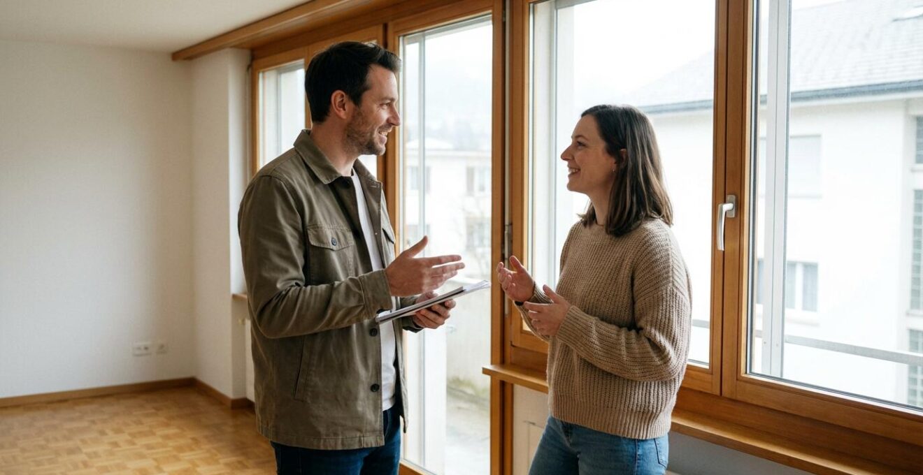 Expert immobilier évaluant un appartement avec le propriétaire en Suisse
