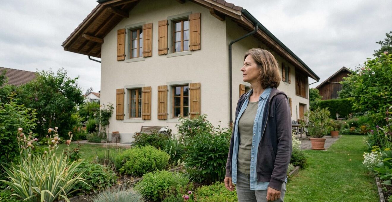 Propriétaire observant sa maison typique suisse avant estimation immobilière