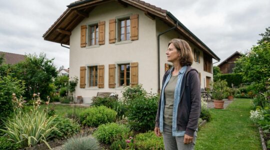 Propriétaire observant sa maison typique suisse avant estimation immobilière