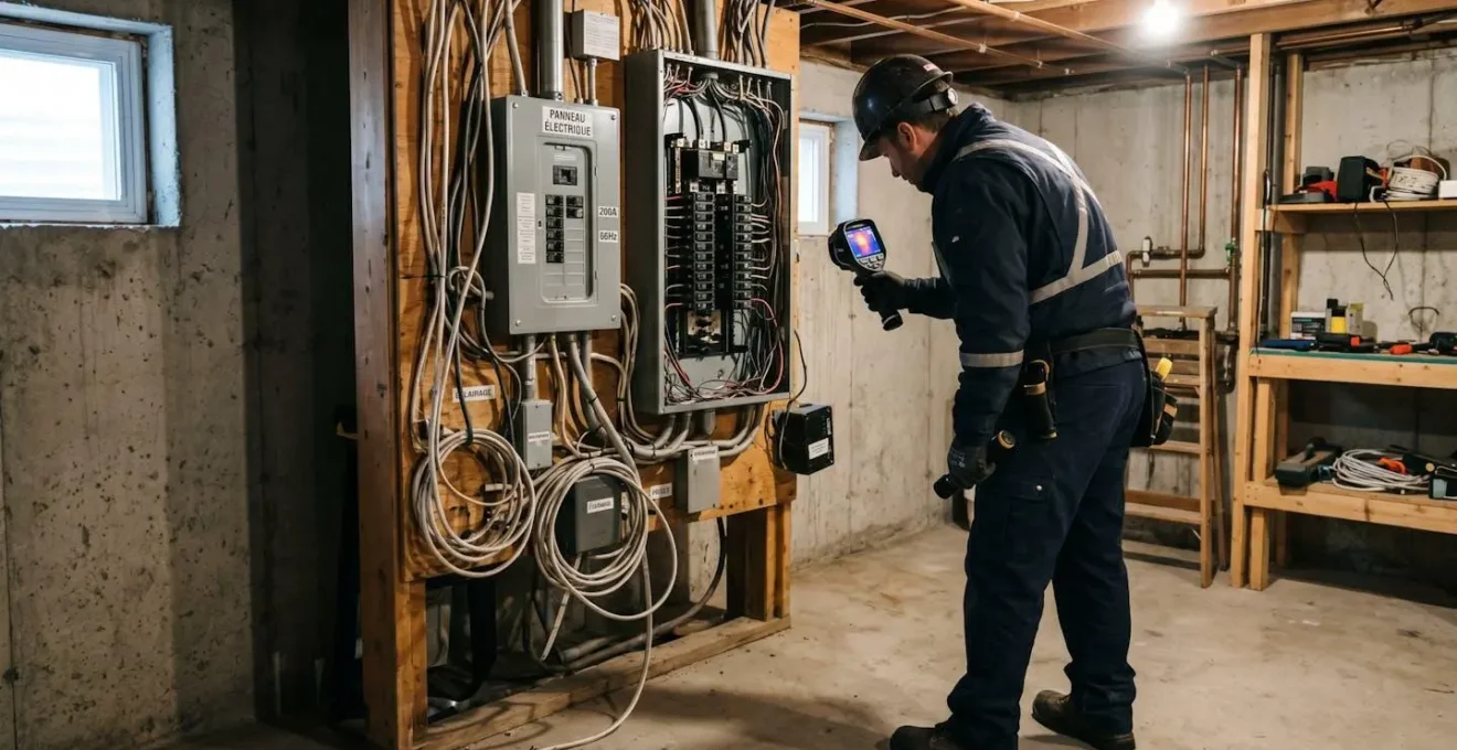 Électricien professionnel de dos inspectant un panneau électrique résidentiel avec un outil de diagnostic dans un sous-sol québécois