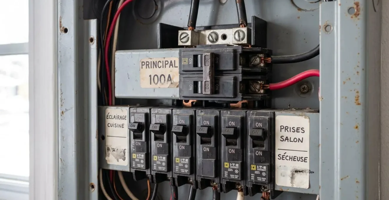 Gros plan d'un ancien panneau électrique résidentiel 100 ampères avec étiquette visible et multiples disjoncteurs montrant des signes d'usure