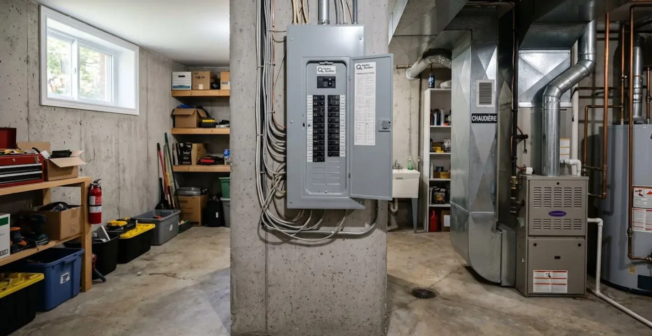 Sous-sol résidentiel typique avec panneau électrique mural gris et plusieurs disjoncteurs visibles dans une maison québécoise