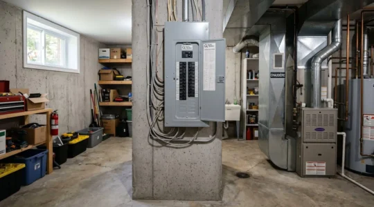Sous-sol résidentiel typique avec panneau électrique mural gris et plusieurs disjoncteurs visibles dans une maison québécoise